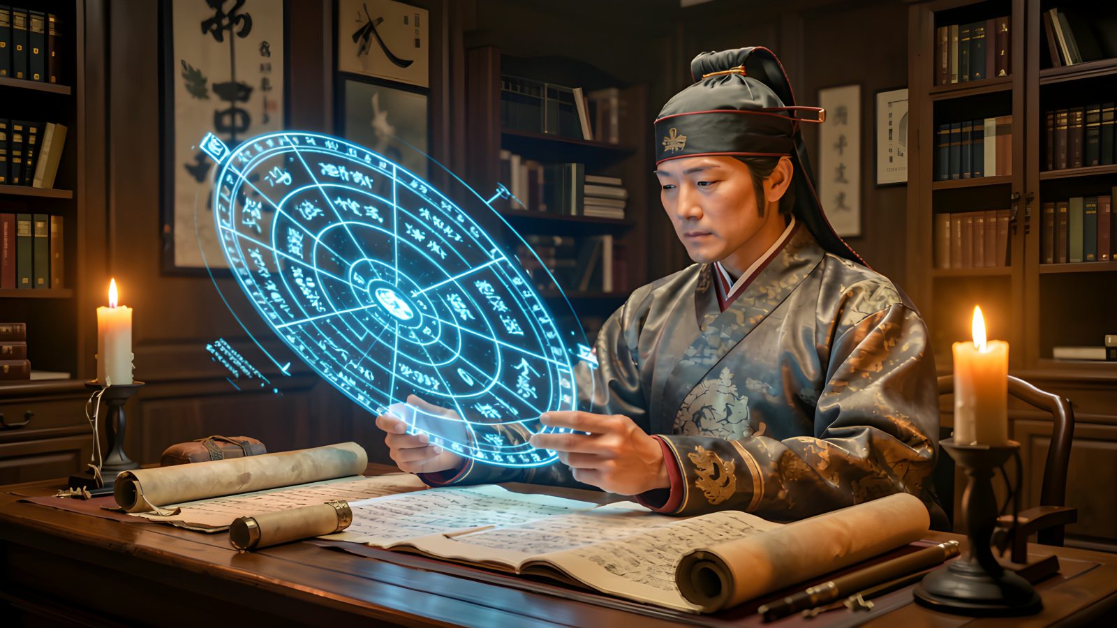 書斎で古文書と方位盤を前に奇門遁甲の格局を研究する軍略家の姿
